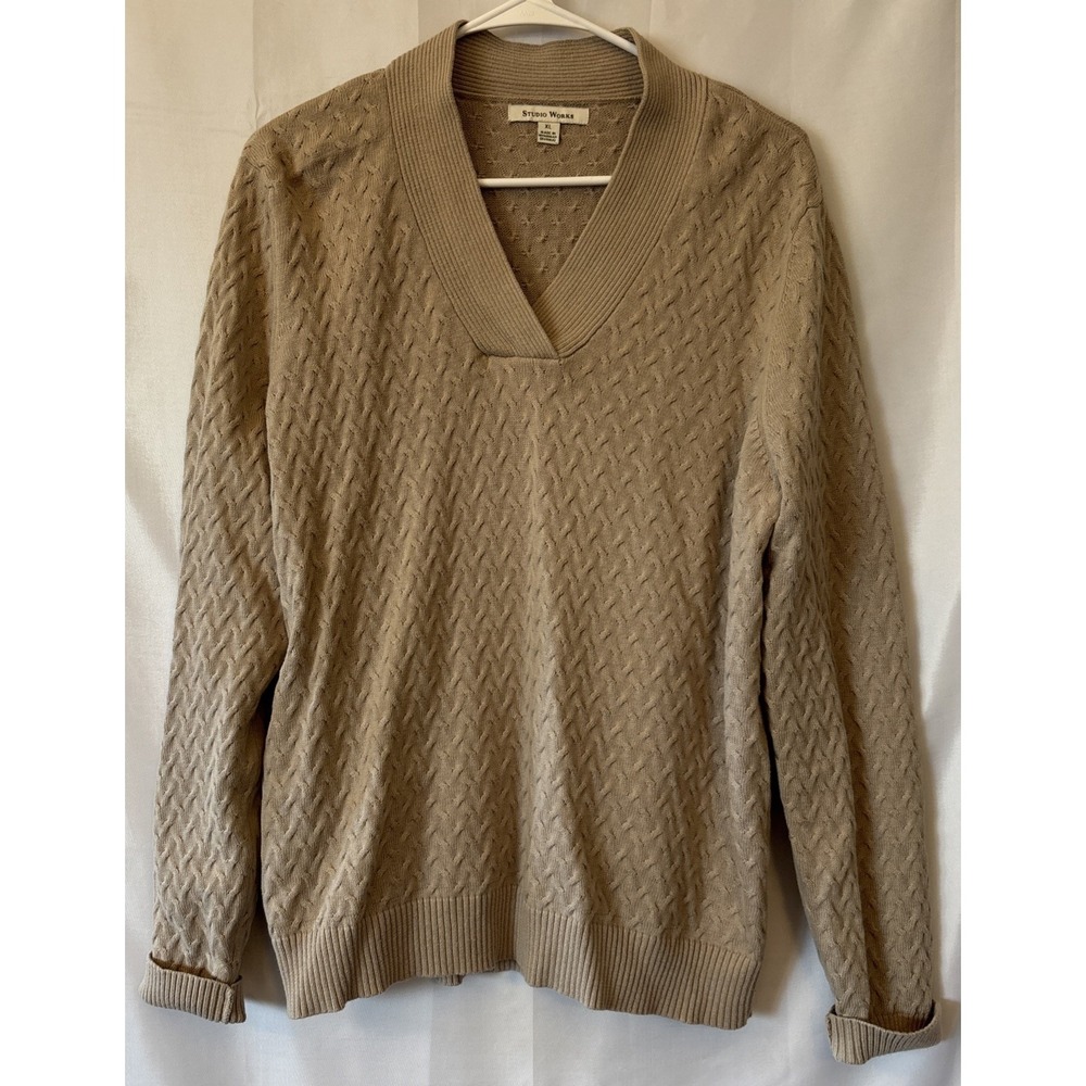 Studio Works XL Taupe Cable Knit Sweater V Neck Cotton Cottagecore